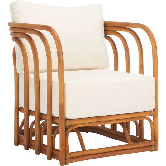 Ballard Rattan Accent Chair by HedgeApple Essentials in natural, white. Made from ratan pole linen (100% polyester) polyurethane foam in a unique style.