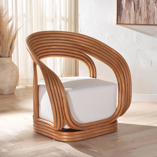 Sheridan Rattan Accent Chair by HedgeApple Essentials in natural, white. Made from ratan pole linen (100% polyester) polyurethane foam in a unique style.