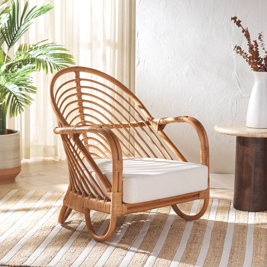 Mecklenburg Rattan Accent Chair by HedgeApple Essentials in natural, white. Made from ratan pole linen (100% polyester) polyurethane foam in a unique style.
