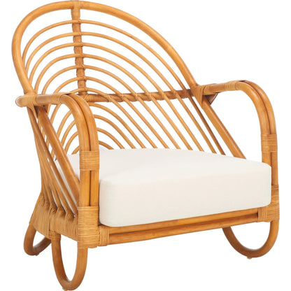 Mecklenburg Rattan Accent Chair by HedgeApple Essentials in natural, white. Made from ratan pole linen (100% polyester) polyurethane foam in a rustic style.