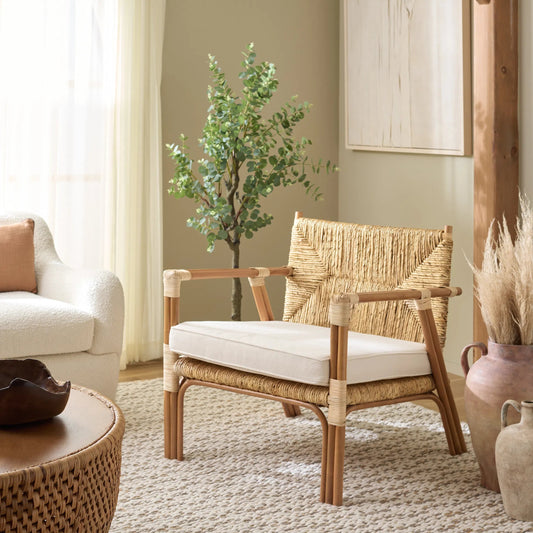 Camp Banana Weaving Accent Chair by HedgeApple Essentials in natural, white. Made from rattan 3, 4 pole, plywood, banana weaving, linen (65% cotton, 35% polyester), foam in a rustic style.