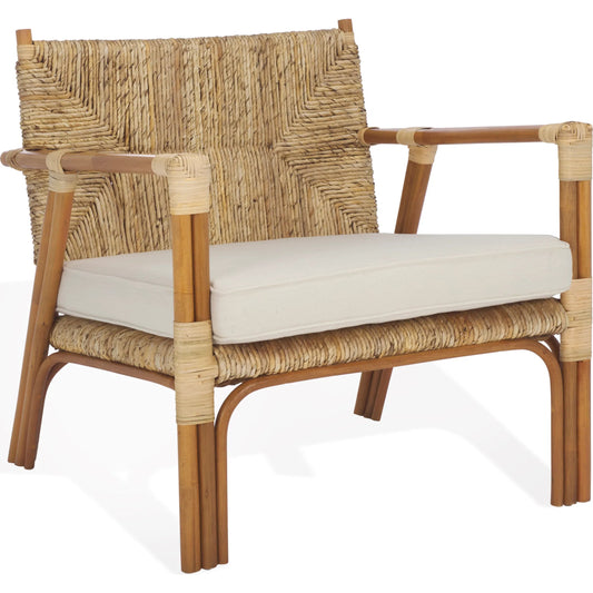 Camp Banana Weaving Accent Chair by HedgeApple Essentials in natural, white. Made from rattan 3, 4 pole, plywood, banana weaving, linen (65% cotton, 35% polyester), foam in a rustic style.