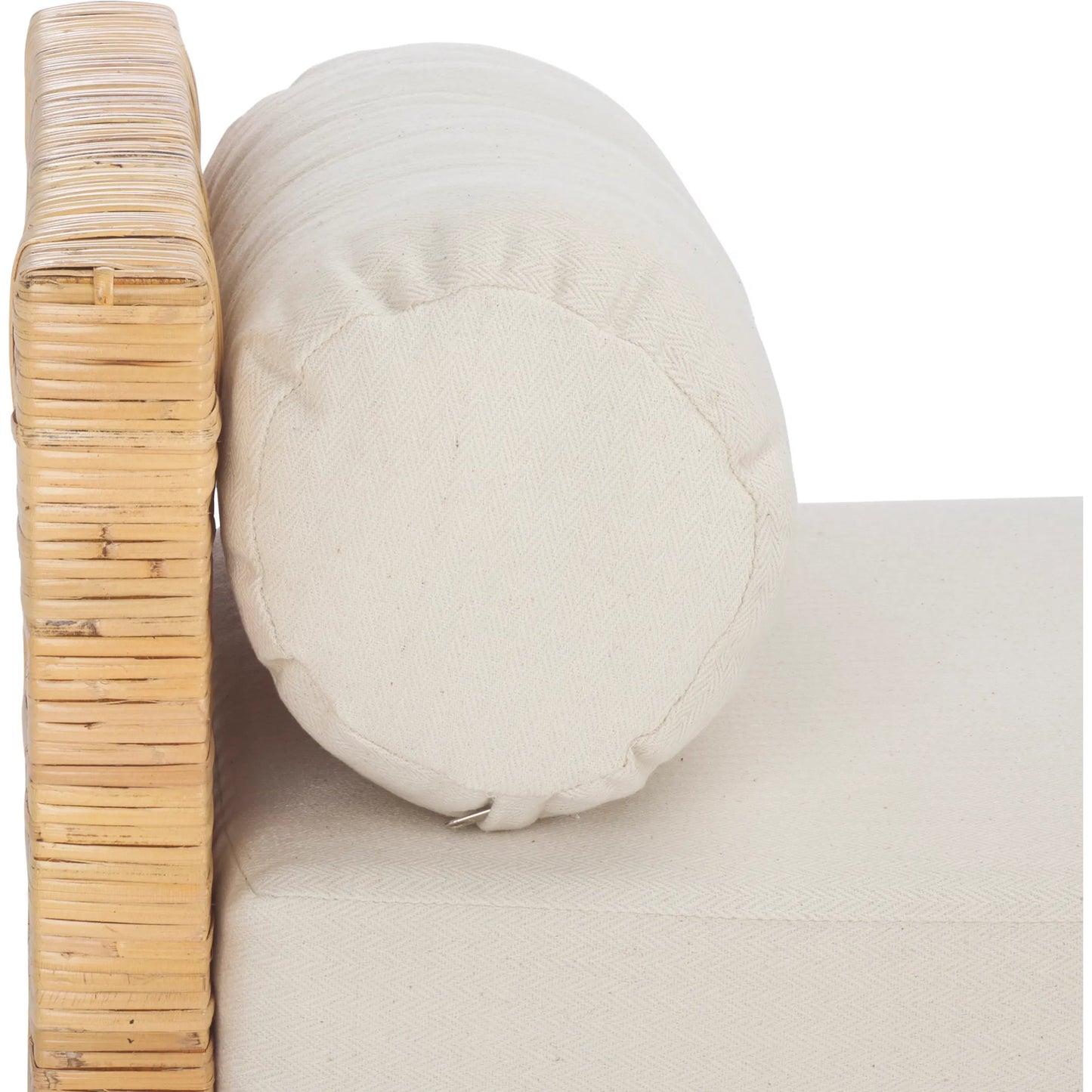 001 SI-2453943 | Closeup | Montour Teak Bench by HedgeApple Essentials in natural, white. Made from sunkai wood, plywood, linen (65% cotton, 35% polyester), foam in a rustic style.