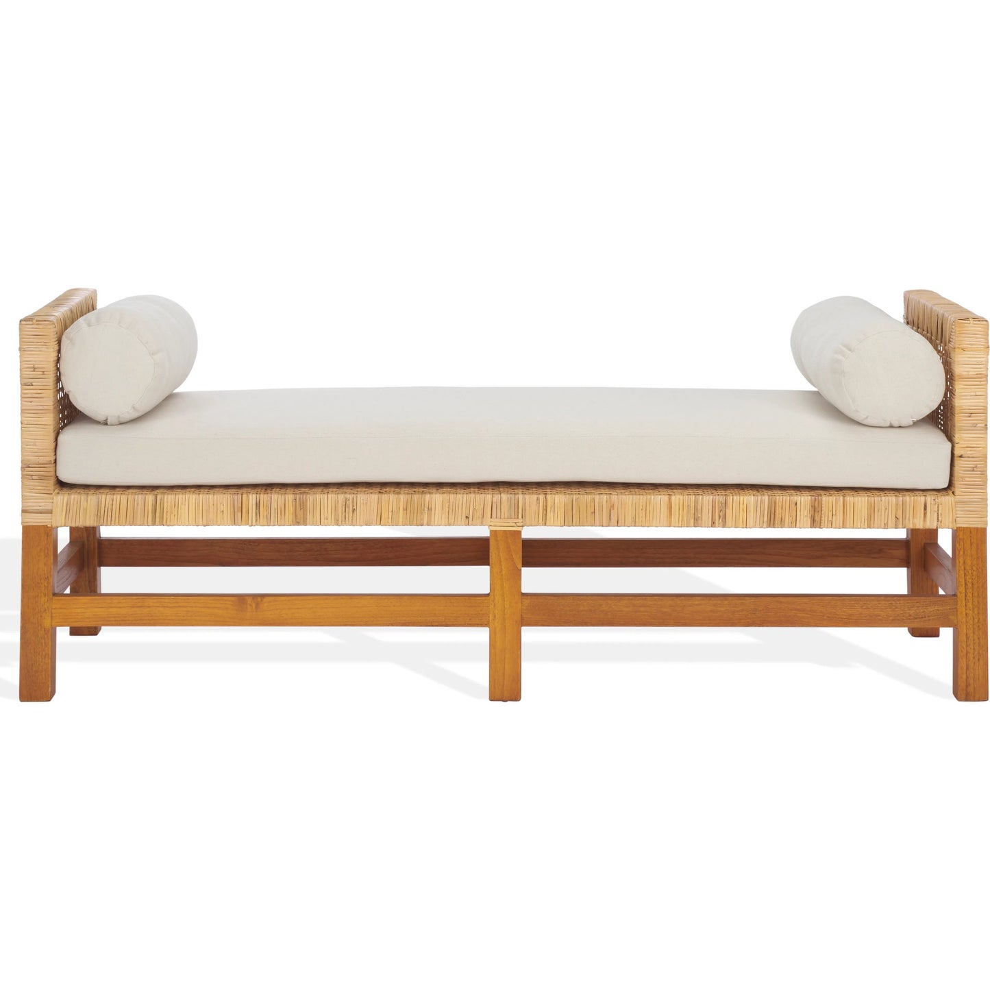 000 SI-2453943 | Additional Silo | Montour Teak Bench by HedgeApple Essentials in natural, white. Made from sunkai wood, plywood, linen (65% cotton, 35% polyester), foam in a rustic style.