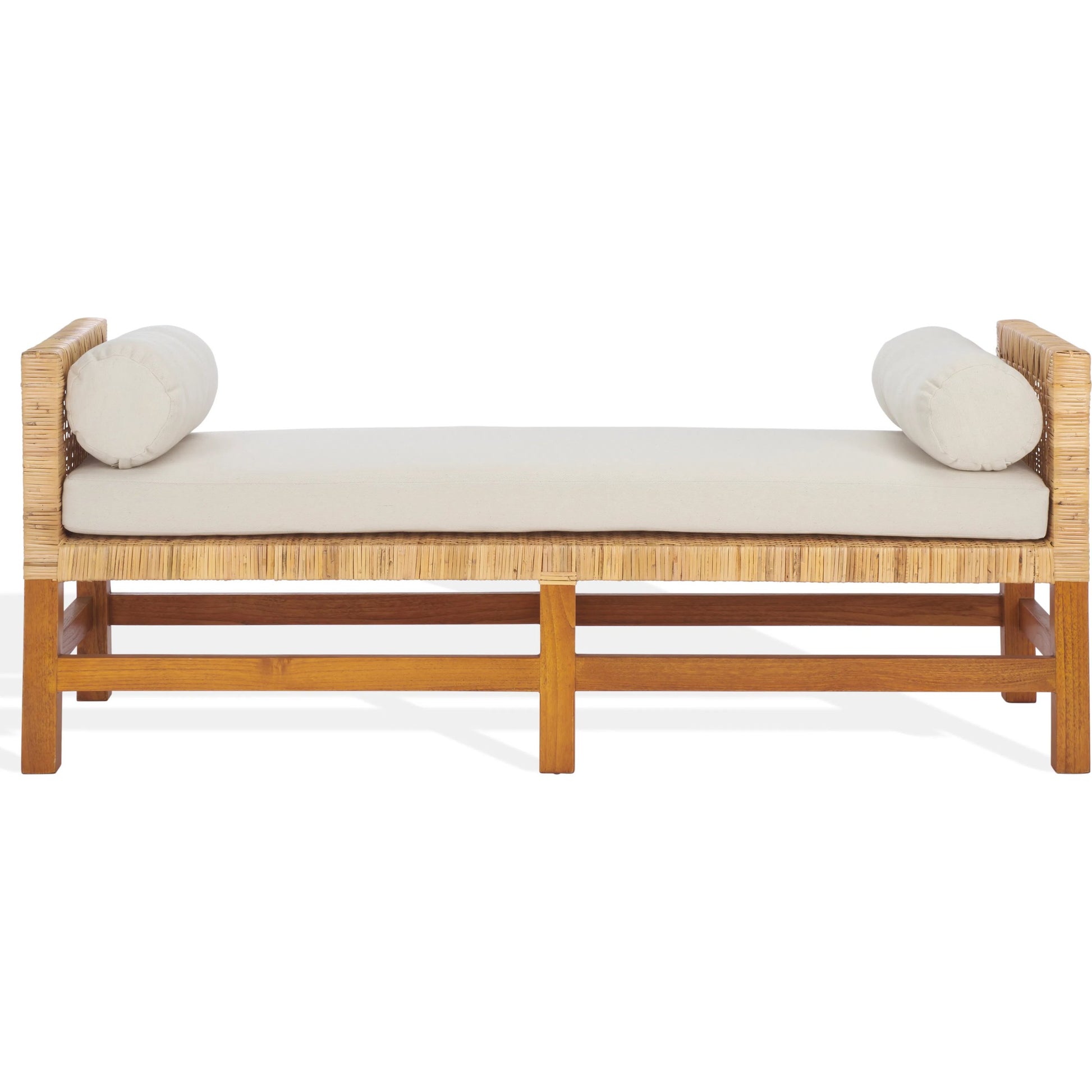 Montour Teak Bench by HedgeApple Essentials in natural, white. Made from sunkai wood, plywood, linen (65% cotton, 35% polyester), foam in a rustic style.