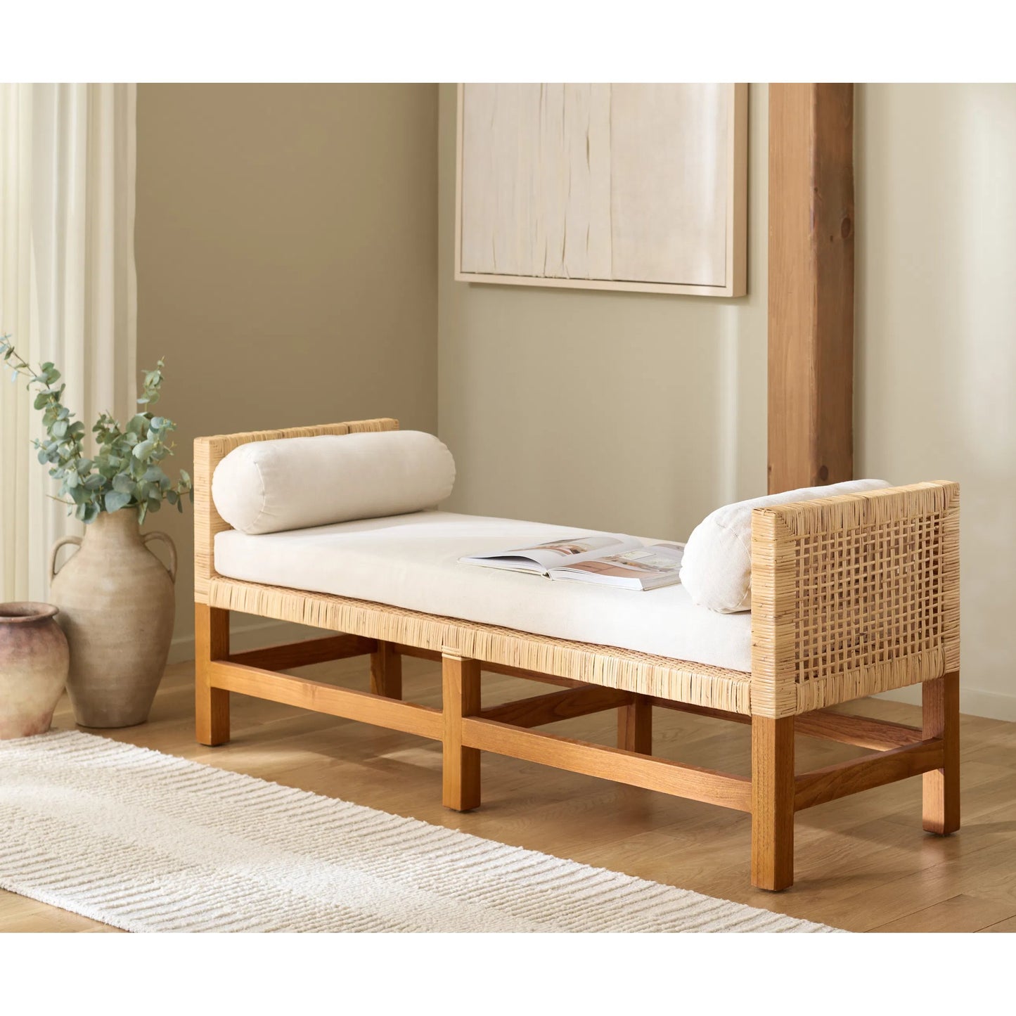 002 SI-2453943 | Lifestyle | Montour Teak Bench by HedgeApple Essentials in natural, white. Made from sunkai wood, plywood, linen (65% cotton, 35% polyester), foam in a rustic style.
