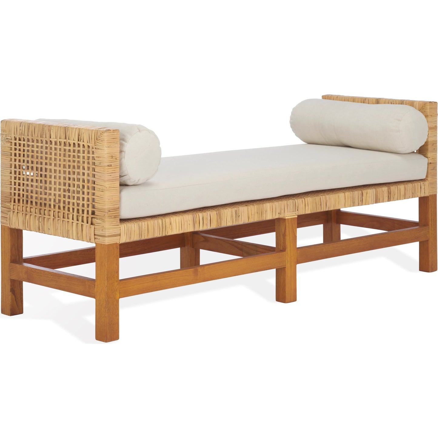 005 SI-2453943 | Primary Silo | Montour Teak Bench by HedgeApple Essentials in natural, white. Made from sunkai wood, plywood, linen (65% cotton, 35% polyester), foam in a rustic style.