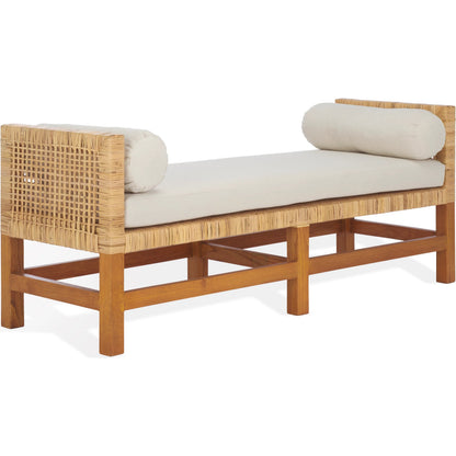 Montour Teak Bench by HedgeApple Essentials in natural, white. Made from sunkai wood, plywood, linen (65% cotton, 35% polyester), foam in a rustic style.