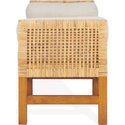 Montour Teak Bench by HedgeApple Essentials in natural, white. Made from sunkai wood, plywood, linen (65% cotton, 35% polyester), foam in a rustic style.