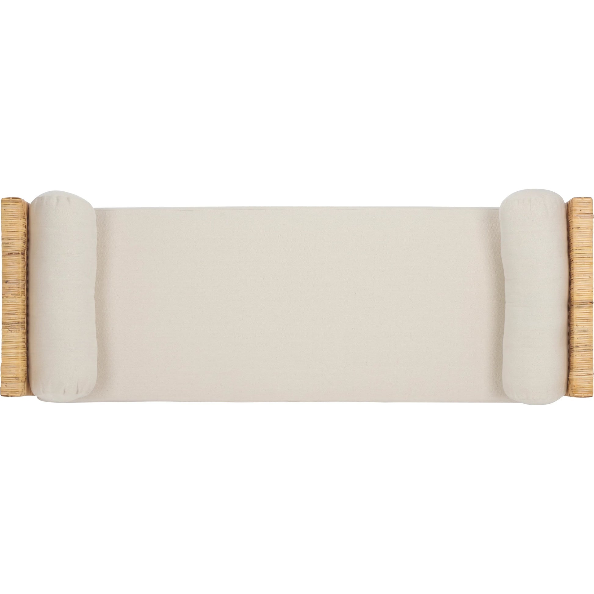 Montour Teak Bench by HedgeApple Essentials in natural, white. Made from sunkai wood, plywood, linen (65% cotton, 35% polyester), foam in a rustic style.