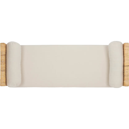 Montour Teak Bench by HedgeApple Essentials in natural, white. Made from sunkai wood, plywood, linen (65% cotton, 35% polyester), foam in a rustic style.