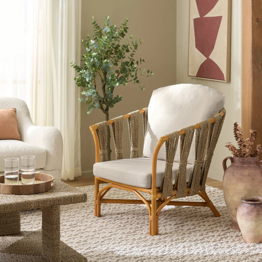 Greeley Rattan Pole Accent Chair by HedgeApple Essentials in natural, white. Made from rattan 3, 4 pole, rattan core, linen (65% cotton, 35% polyester), foam in a rustic style.