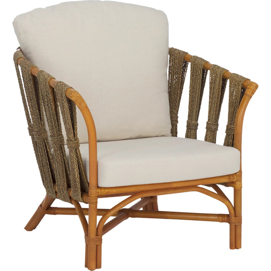 Greeley Rattan Pole Accent Chair by HedgeApple Essentials in natural, white. Made from rattan 3, 4 pole, rattan core, linen (65% cotton, 35% polyester), foam in a rustic style.