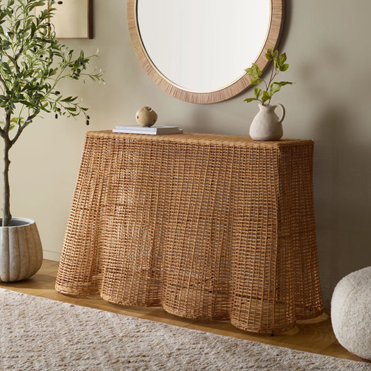 East Rattan Console Table by HedgeApple Essentials in natural. Made from plywood, rattan, fitrit, iron in a unique style.