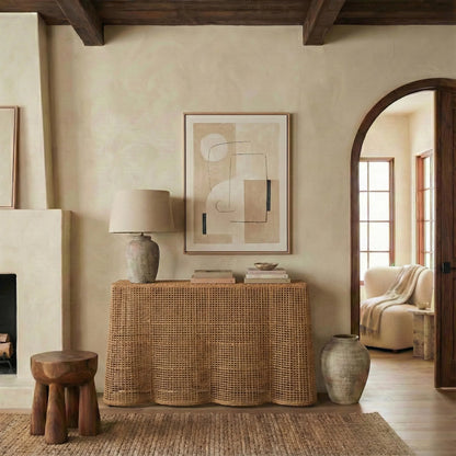 East Rattan Console Table by HedgeApple Essentials in natural. Made from plywood, rattan, fitrit, iron in a unique style.
