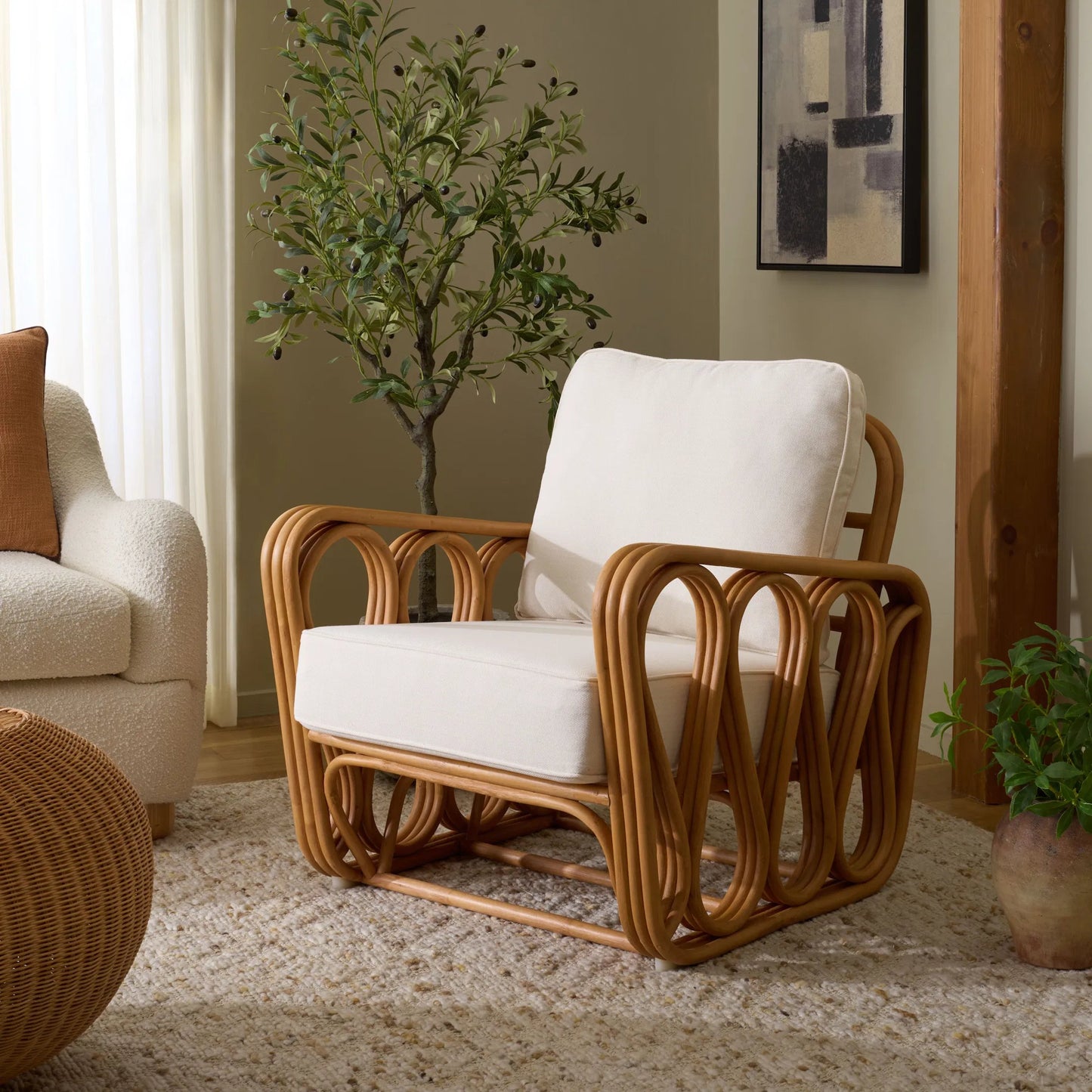 009 SI-2629839 | Lifestyle | Otsego Rattan Pole Accent Chair by HedgeApple Essentials in natural, white. Made from linen (65% cotton, 35% polyester), foam in a unique style.