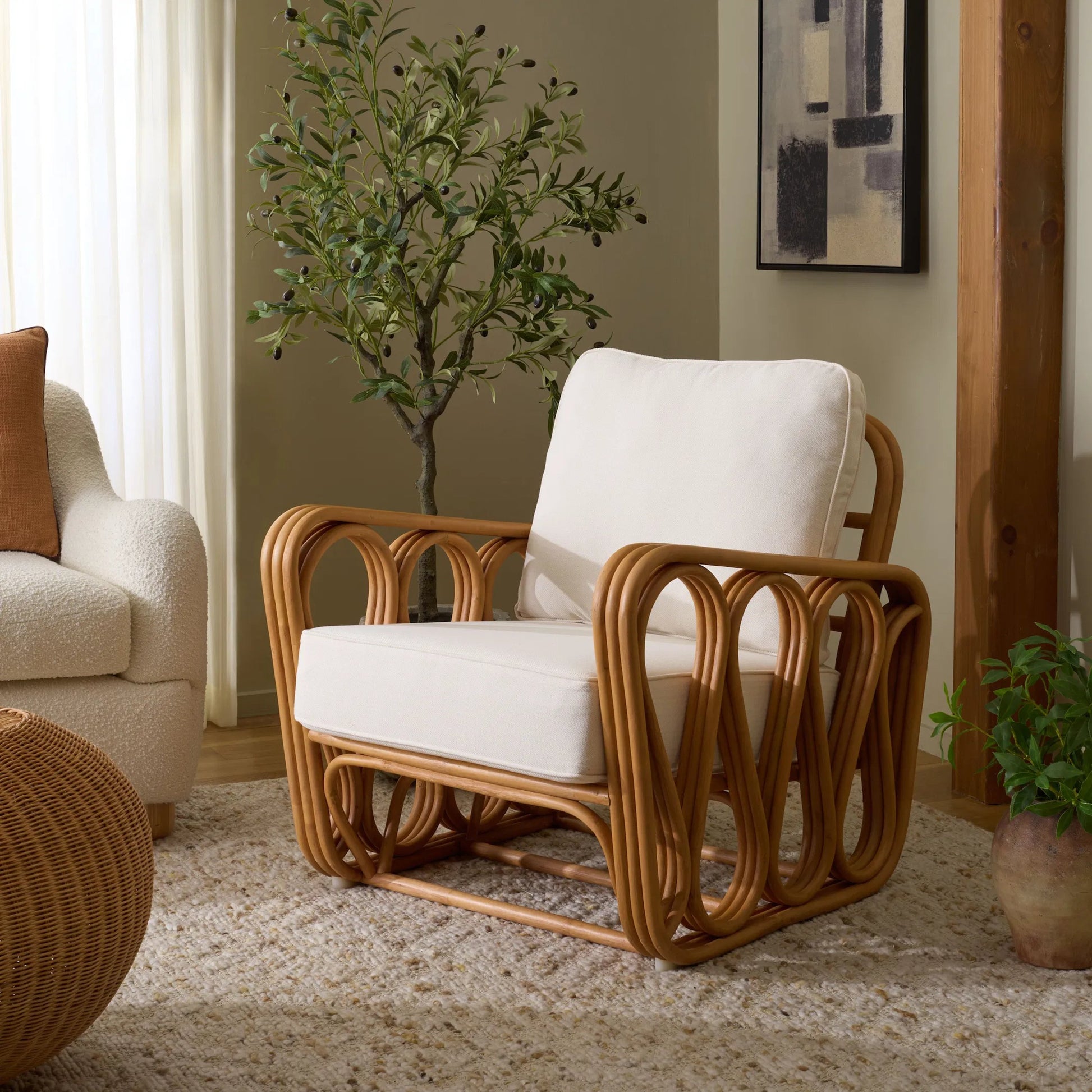 Otsego Rattan Pole Accent Chair by HedgeApple Essentials in natural, white. Made from linen (65% cotton, 35% polyester), foam in a unique style.