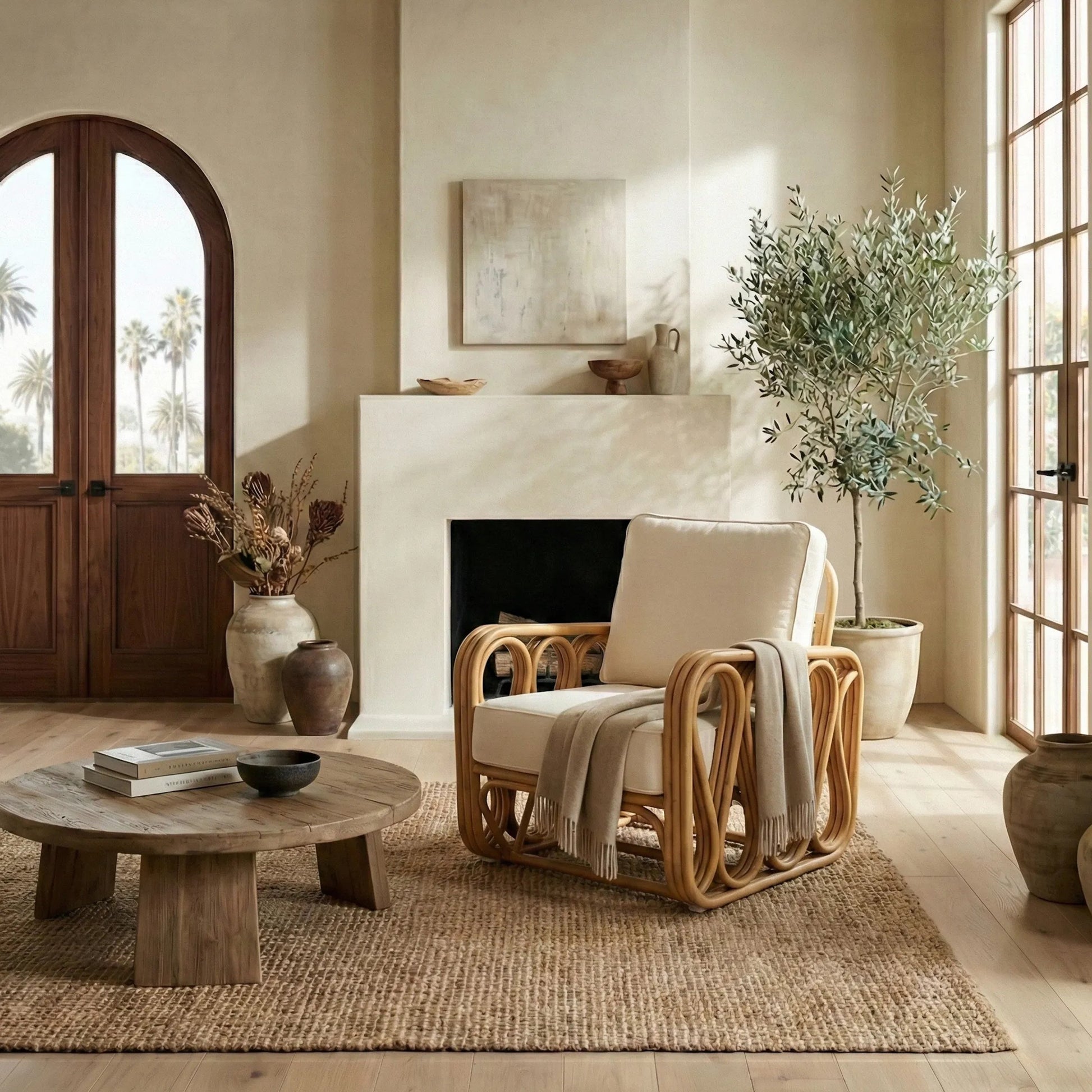 Otsego Rattan Pole Accent Chair by HedgeApple Essentials in natural, white. Made from linen (65% cotton, 35% polyester), foam in a unique style.