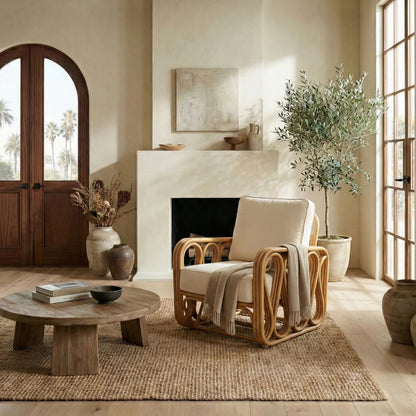 Otsego Rattan Pole Accent Chair by HedgeApple Essentials in natural, white. Made from linen (65% cotton, 35% polyester), foam in a unique style.