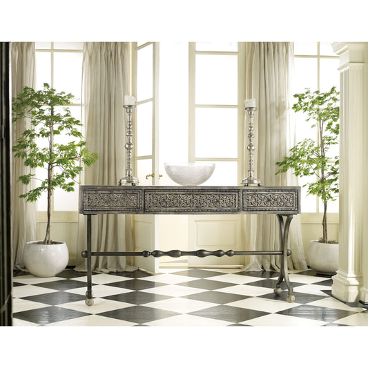 Ravenna Console by Hooker Furniture in gray. Made from cherry veneers with metal, resin in a unique style.