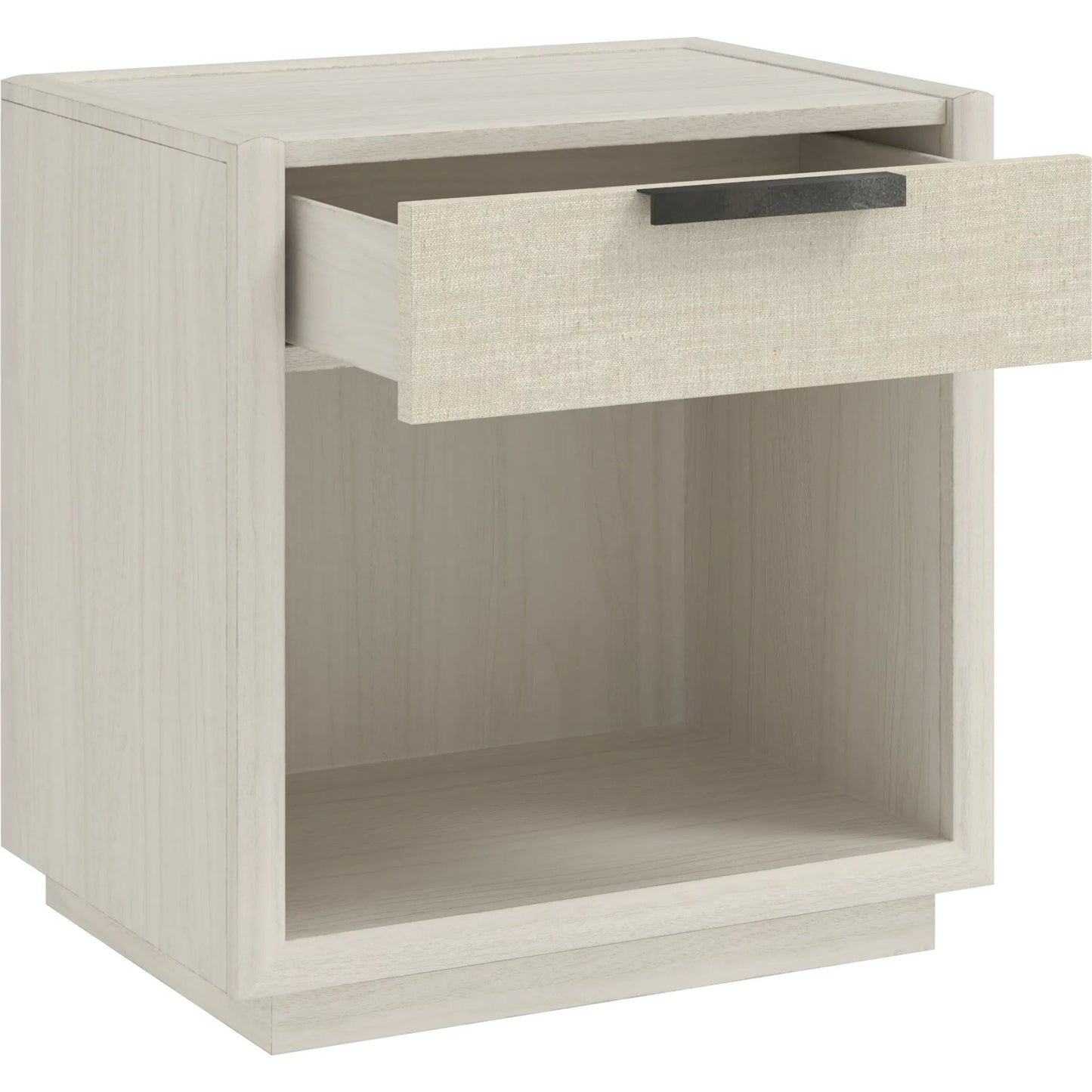 005 SI-2453376 | Additional Silo | Cotiere Open Nightstand by A.R.T. Furniture in linen. Made from parawood solids, mixed split cathedral, quarter white oak veneers, fabric in a transitional style.