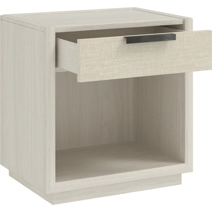 Cotiere Open Nightstand by A.R.T. Furniture in linen. Made from parawood solids, mixed split cathedral, quarter white oak veneers, fabric in a transitional style.
