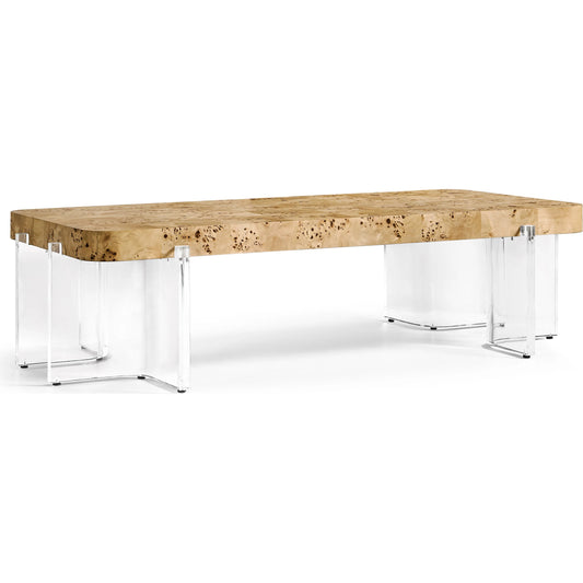 Veil Rectangular Cocktail Table by Jonathan Charles in natural mappa burl. Made from mappa burl in a modern style.