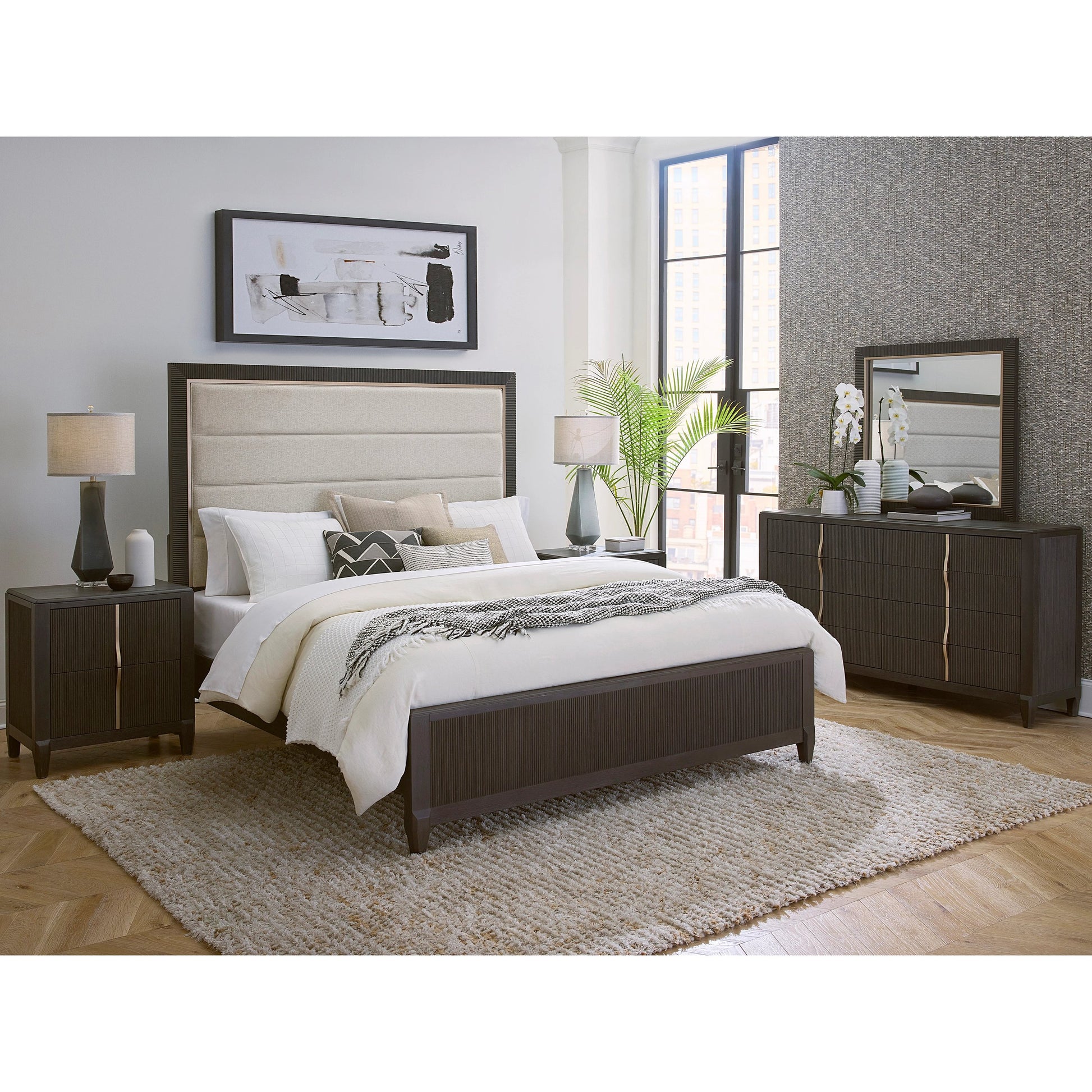 West End Loft Upholstered Bed by Pulaski Furniture in tuxedo. Made from rubberwood in a modern style.