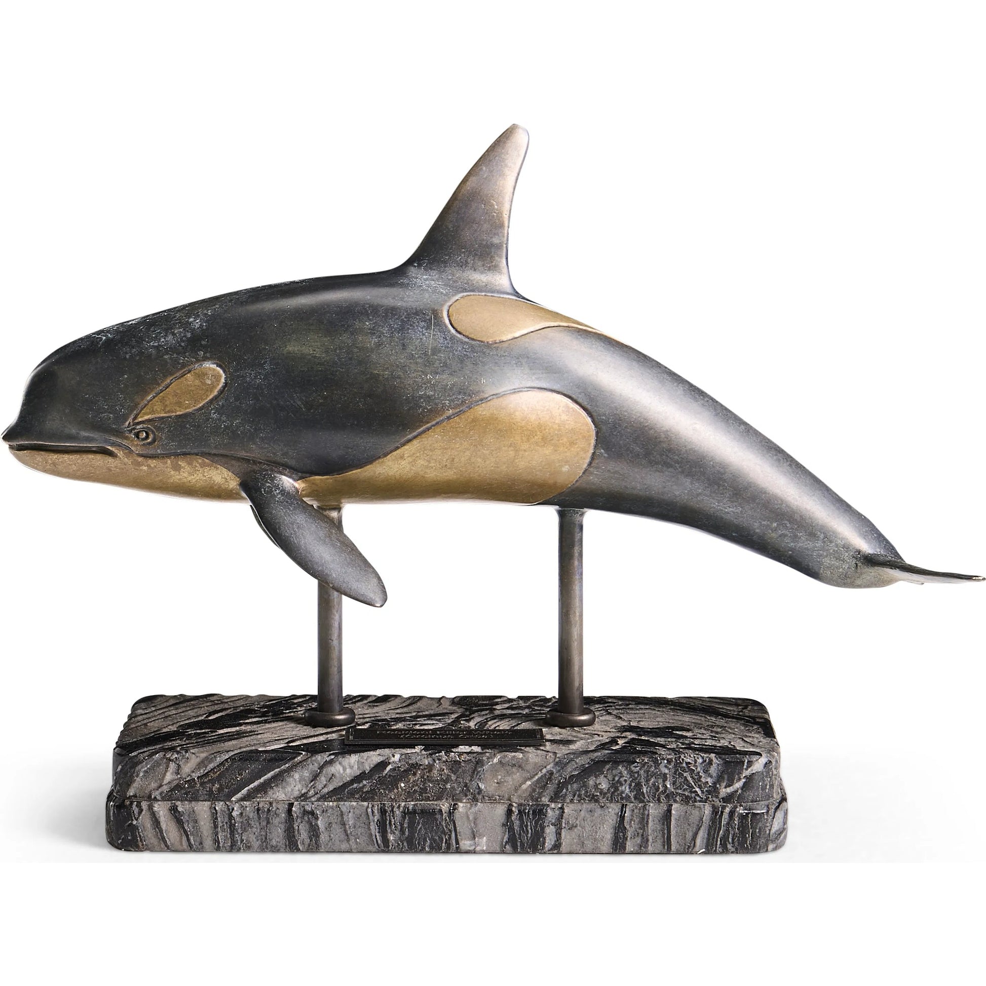Killer Whale Bronze Statue with Marble Base by Jonathan Charles in dark rustic waxed bronze. Made from main brass in a unique style.