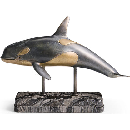 Killer Whale Bronze Statue with Marble Base by Jonathan Charles in dark rustic waxed bronze. Made from main brass in a unique style.