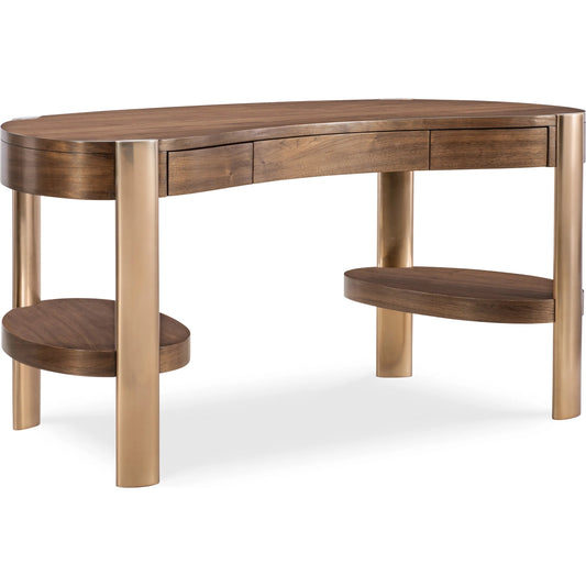 Eleana Writing Desk by Hooker Furniture in light caramel, sunlit bronze metal. Made from walnut veneers, metal in a modern style.