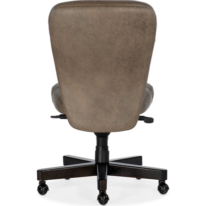 Sasha Executive Swivel Tilt Chair by Hooker Furniture in big top dark taupe and dark wood. Made from leather (semi-aniline top grain) in a transitional style.