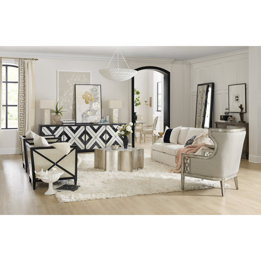 Sanctuary Debutant Wing Chair by Hooker Furniture in beige and celestial ice, sequins pearl. Made from oak veneers, fabric in a traditional style.