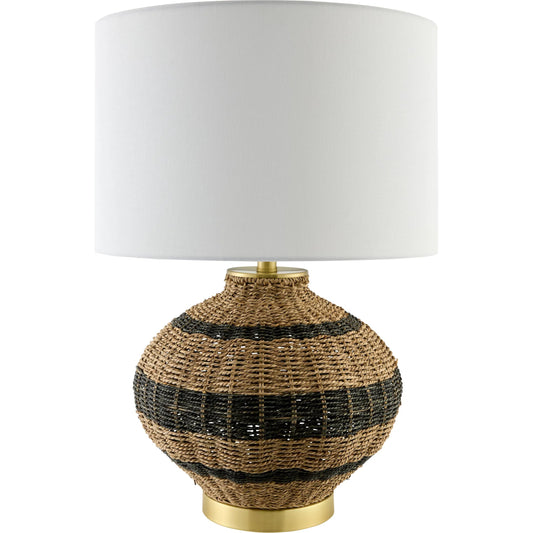 Caylus Accent Table Lamp by Livabliss in body: beige; base: metallic - brass; shade: white; finial: metallic - brass; harp: metallic - brass; cord: translucent and metallic, natural, plated. Made from rattan, iron, linen, po