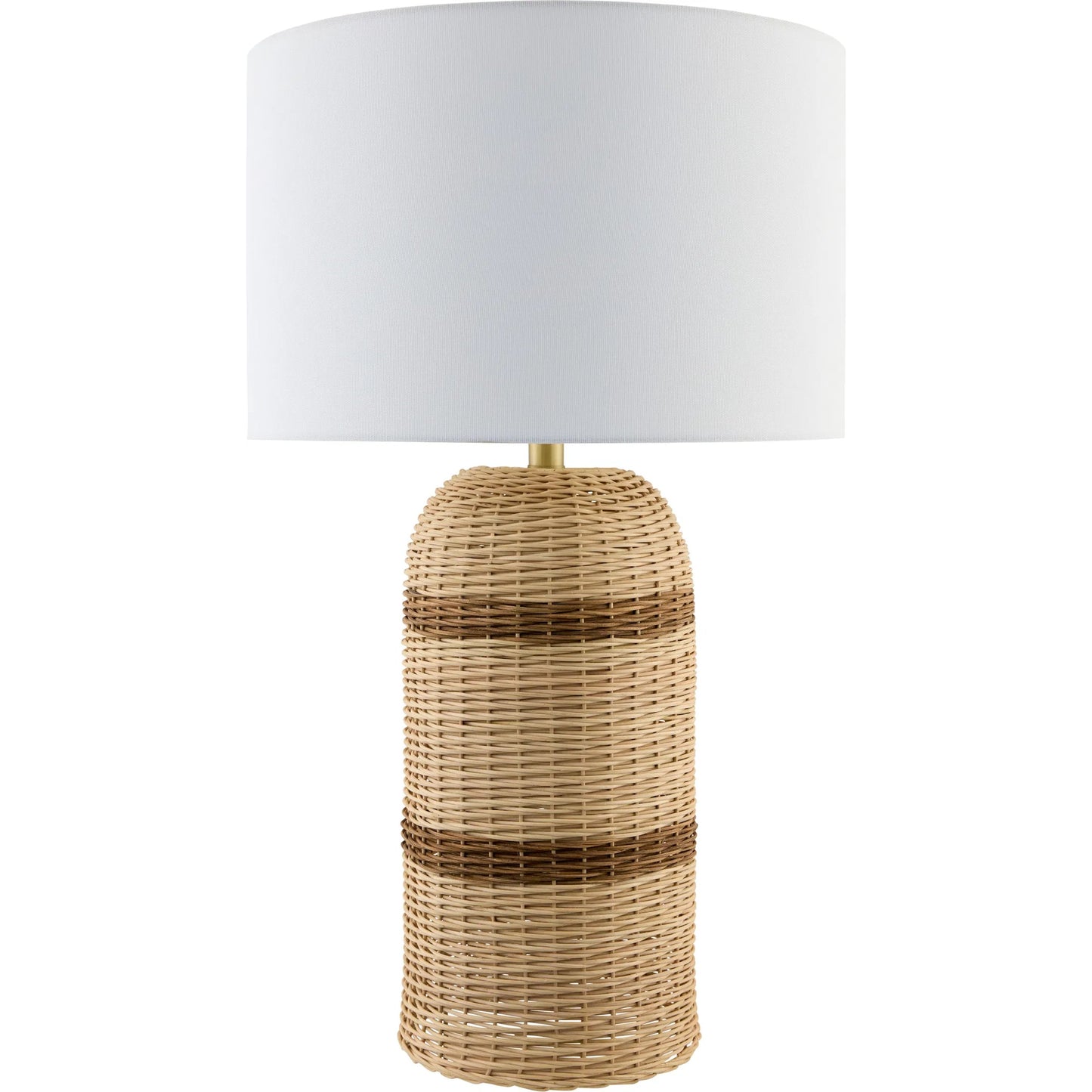 001 SI-2258872 | Primary Silo | Caylus Accent Table Lamp by Livabliss in body: beige; shade: white; finial: metallic - brass; harp: metallic - brass; cord: translucent and natural, plated. Made from rattan, linen, polyester, iron in a rustic style.
