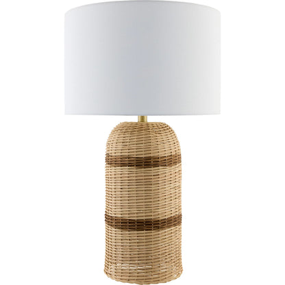 Caylus Accent Table Lamp by Livabliss in body: beige; shade: white; finial: metallic - brass; harp: metallic - brass; cord: translucent and natural, plated. Made from rattan, linen, polyester, iron in a rustic style.