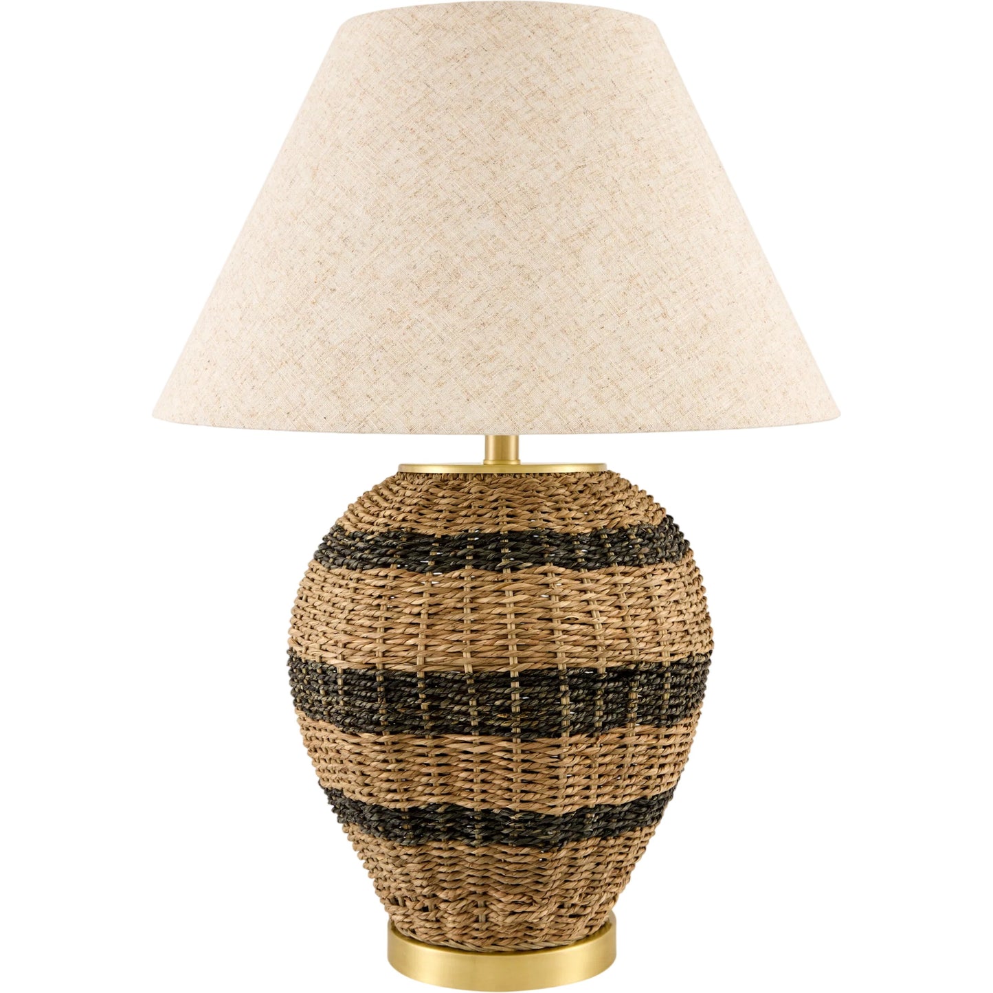 001 SI-2528747 | Primary Silo | Caylus Round Accent Table Lamp by Livabliss in brown, metallic gold, translucent, white, beige. Made from rattan, iron, linen, polyester in a unique style.
