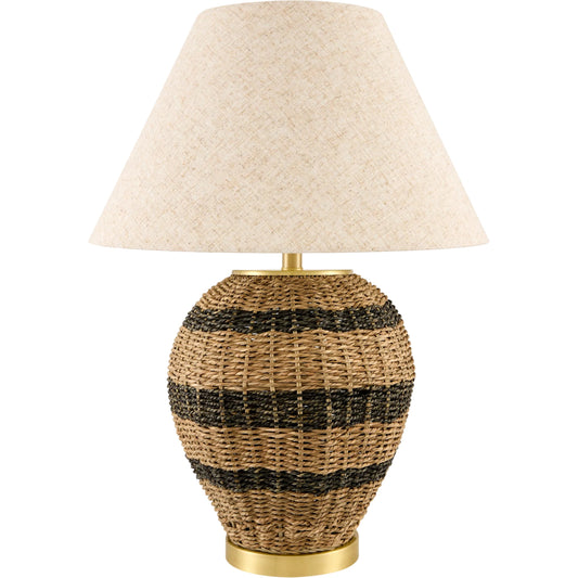 Caylus Round Accent Table Lamp by Livabliss in brown, metallic gold, translucent, white, beige. Made from rattan, iron, linen, polyester in a unique style.