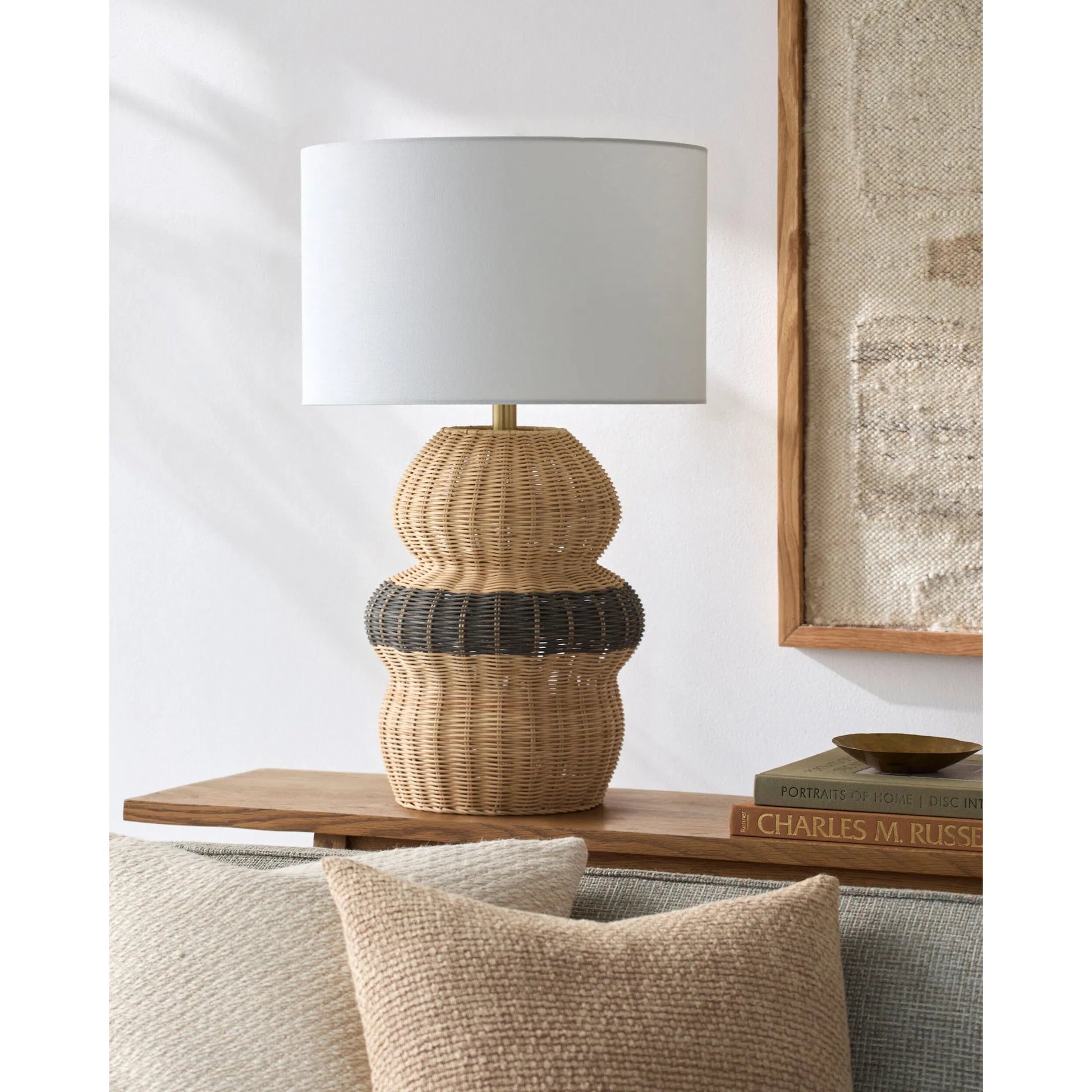 Caylus Tall Accent Table Lamp by Livabliss in body: beige; shade: white; finial: metallic - brass; harp: metallic - brass; cord: translucent and natural, plated. Made from rattan, linen, polyester, iron in a rustic style.