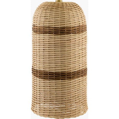 Caylus Accent Table Lamp by Livabliss in body: beige; shade: white; finial: metallic - brass; harp: metallic - brass; cord: translucent and natural, plated. Made from rattan, linen, polyester, iron in a rustic style.