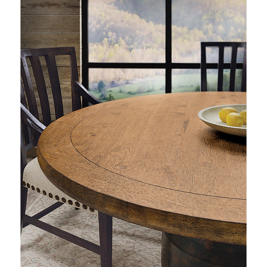 Big Sky Round Dining Table by Hooker Furniture in charred timber, vintage natural. Made from pecky hickory veneers, resin, solid-wood edged top in a traditional style.