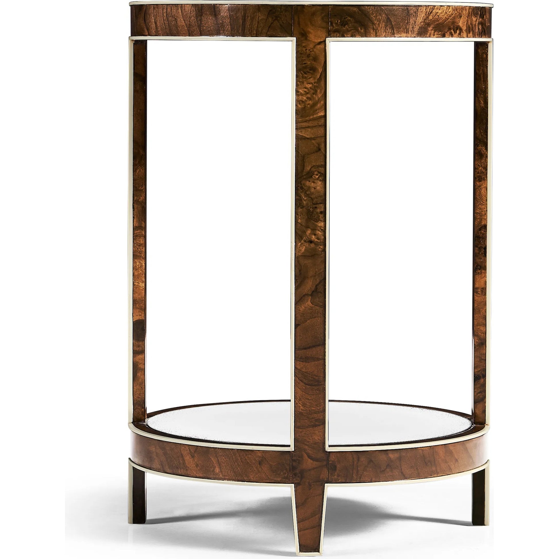Jacques Round End Table by Jonathan Charles in brown and medium brown mahogany. Made from mahogany veneers, faux bone, glass in a modern style.