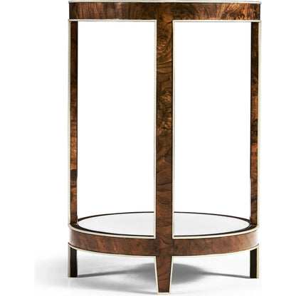 Jacques Round End Table by Jonathan Charles in brown and medium brown mahogany. Made from mahogany veneers, faux bone, glass in a modern style.