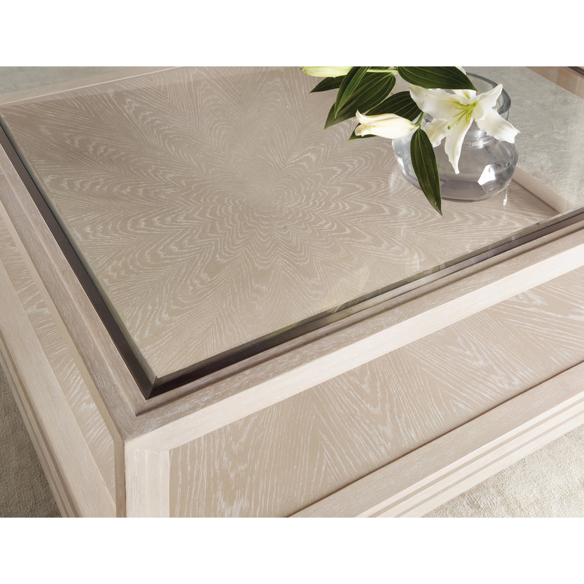Nouveau Chic Rectangle Cocktail Table by Hooker Furniture in sandstone. Made from oak veneers, tempered glass, metal in a modern style.