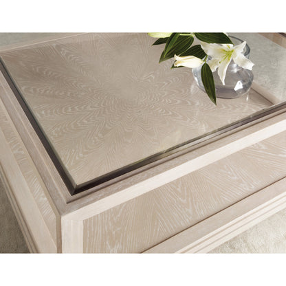 Nouveau Chic Rectangle Cocktail Table by Hooker Furniture in sandstone. Made from oak veneers, tempered glass, metal in a modern style.