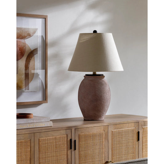 Cinzia Accent Table Lamp by Livabliss in body: wheat; shade: beige; finial: black; harp: metallic - brass; cord: translucent and coloredcolored. Made from cement, linen, polyester, plastic in a unique style.