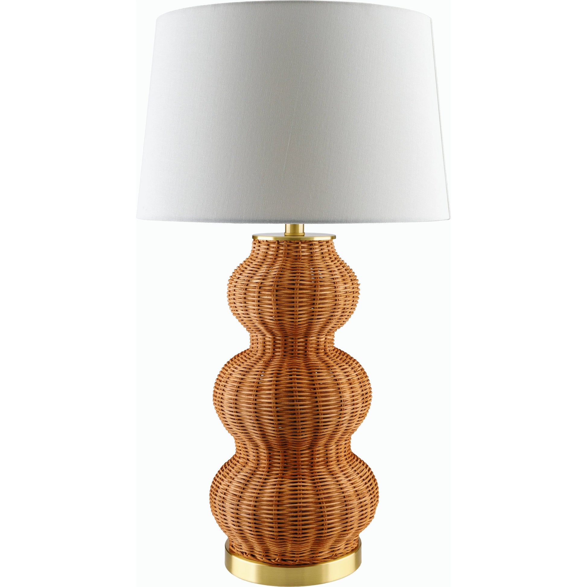 Cazorla Table Lamp - 532384 by Livabliss in body: tan, base: metallic - brass, shade: white, finial: metallic - brass, harp: metallic - brass, cord: translucent and platedpaintedplated. Made from rattan, iron, linen, polysty