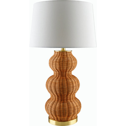 Cazorla Table Lamp - 532384 by Livabliss in body: tan, base: metallic - brass, shade: white, finial: metallic - brass, harp: metallic - brass, cord: translucent and platedpaintedplated. Made from rattan, iron, linen, polysty