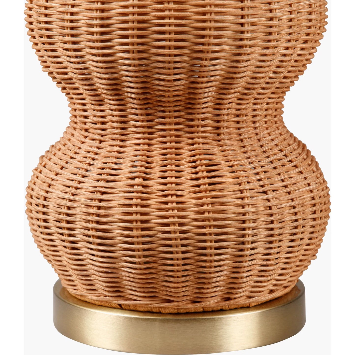 002 SI-2168168 | Closeup | Cazorla Table Lamp - 532384 by Livabliss in body: tan, base: metallic - brass, shade: white, finial: metallic - brass, harp: metallic - brass, cord: translucent and platedpaintedplated. Made from rattan, iron, linen, polystyrene 