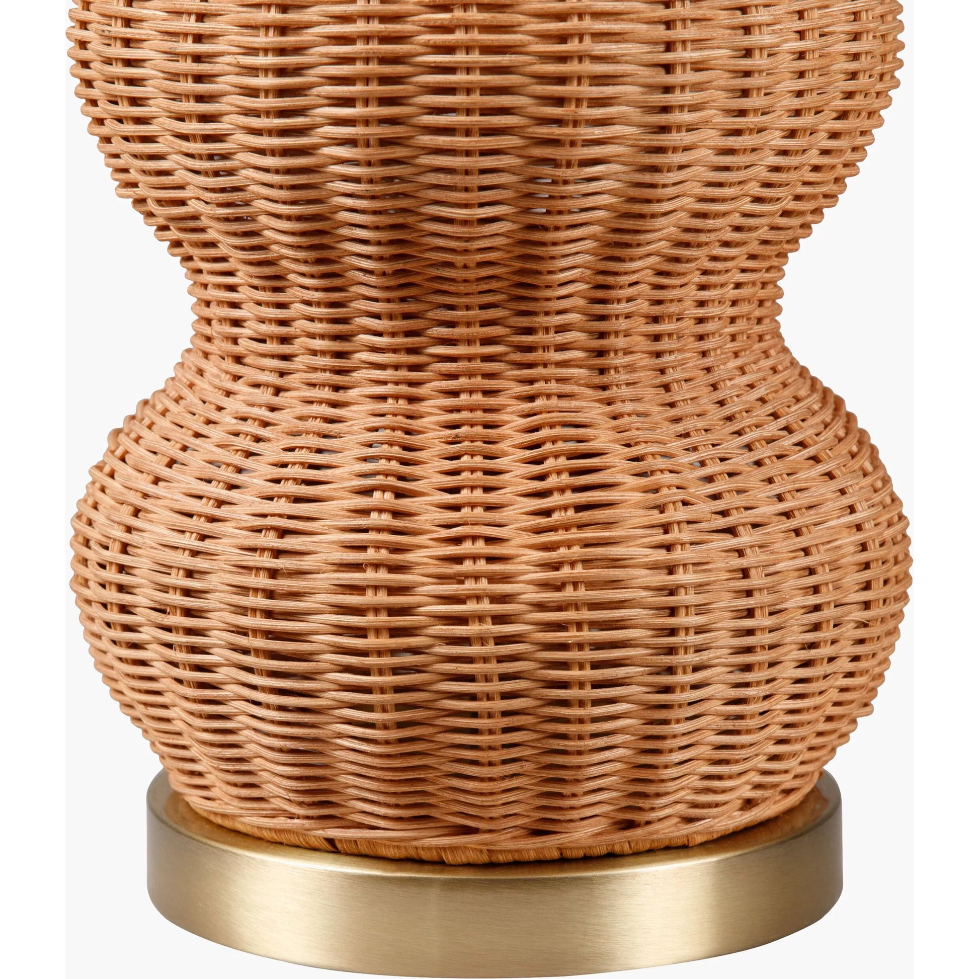 Cazorla Table Lamp - 532384 by Livabliss in body: tan, base: metallic - brass, shade: white, finial: metallic - brass, harp: metallic - brass, cord: translucent and platedpaintedplated. Made from rattan, iron, linen, polystyrene 